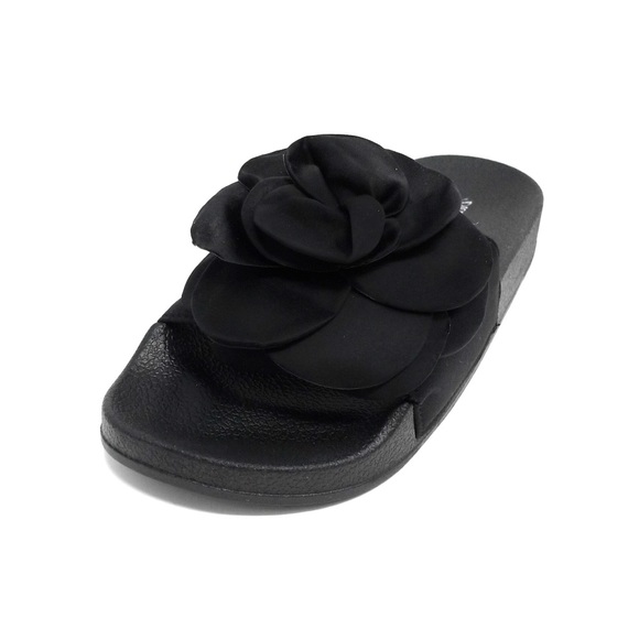 Women Satin Black Rose Petal Slip-On Sandals Flips - Picture 3 of 3